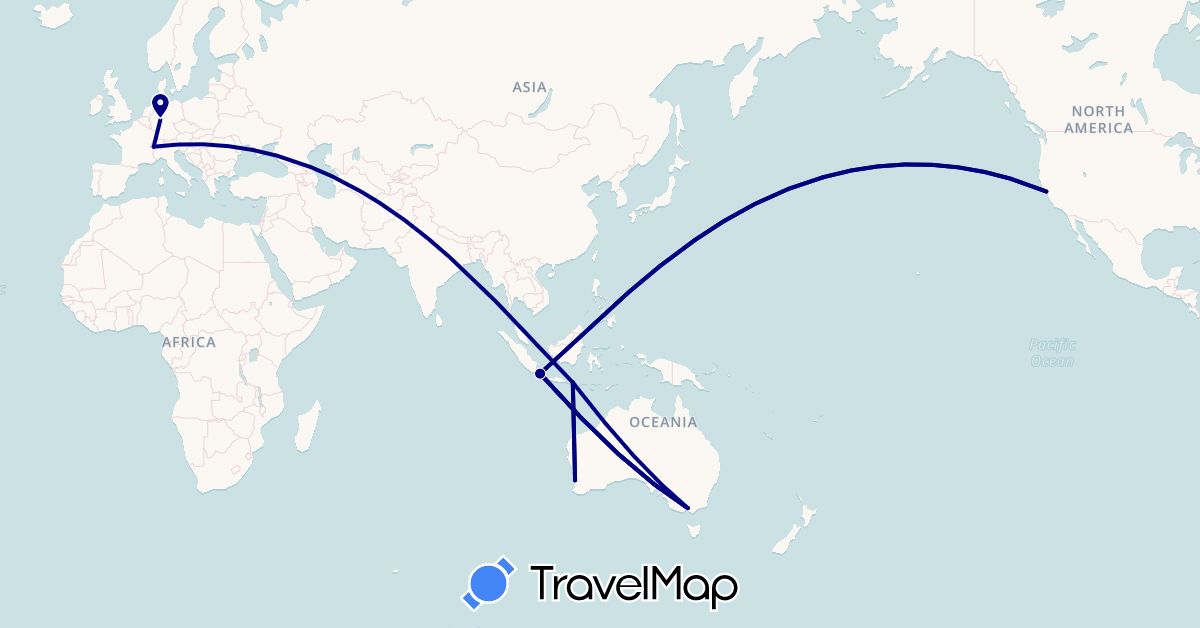 TravelMap itinerary: driving in Australia, Switzerland, Germany, Indonesia, United States (Asia, Europe, North America, Oceania)
